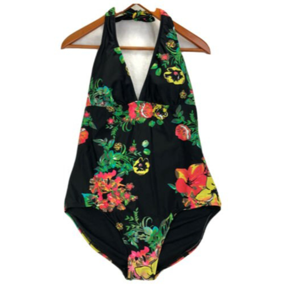 24th & Ocean Women's Sz 14 Black Halter One Piece Bathing Swimsuit Floral Print